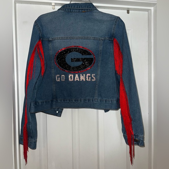 Custom Georgia Bulldogs Denim Jacket with Red Fringe - Picture 2 of 3